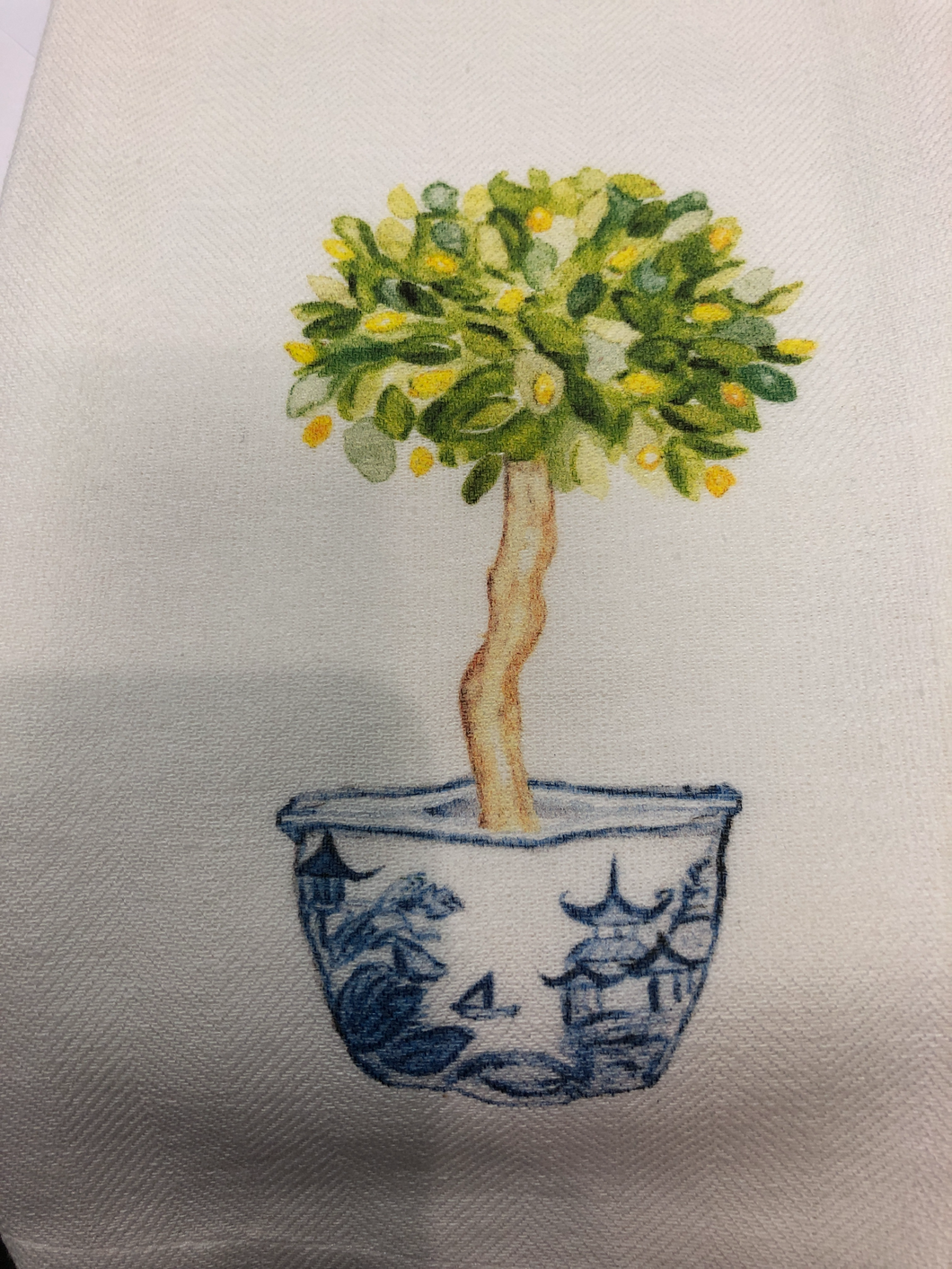 Blue and White Planter with Lemon Tree Tea Towel